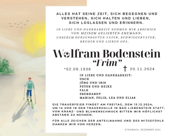 Traueranzeige von Wolfram Bodenstein von Südthüringer Presse