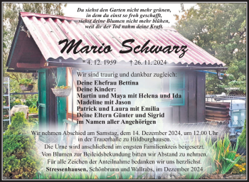 Traueranzeige von Mario Schwarz von Südthüringer Presse