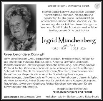Traueranzeige von Ingrid Münchenberg von Südthüringer Presse