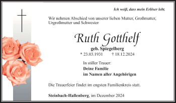 Traueranzeige von Ruth Gotthelf von Südthüringer Presse