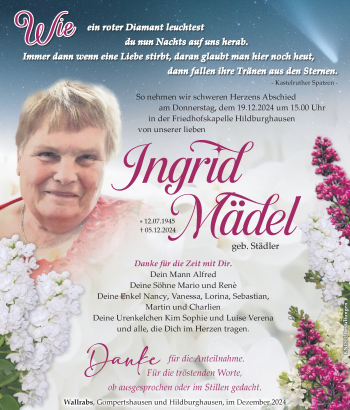 Traueranzeige von Ingrid Mädel von Südthüringer Presse