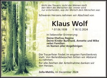 Traueranzeige von Klaus Wolf von Südthüringer Presse