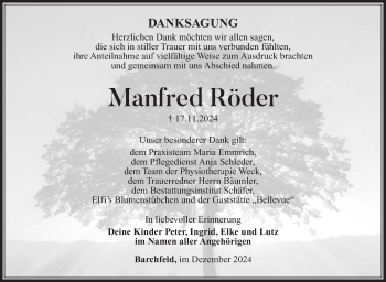 Traueranzeige von Manfred Röder von Südthüringer Presse