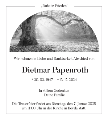 Traueranzeige von Dietmar Papenroth von Südthüringer Presse