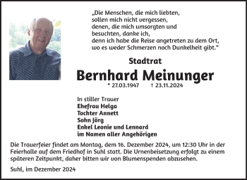 Traueranzeige von Bernhard Meinunger von Südthüringer Presse
