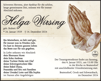 Traueranzeige von Helga Wirsing von Südthüringer Presse