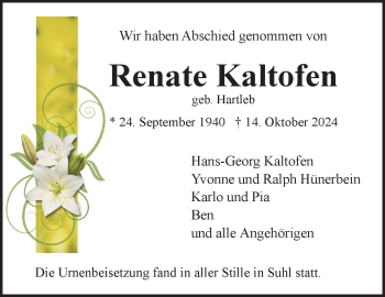 Traueranzeige von Renate Kaltofen von Südthüringer Presse
