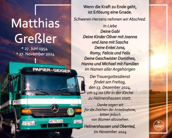 Traueranzeige von Matthias Greßler von Südthüringer Presse