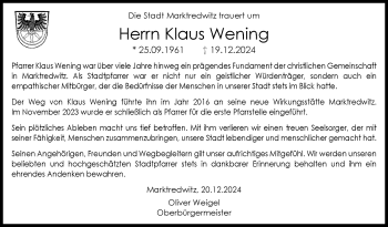 Traueranzeige von Klaus Wening von Frankenpost