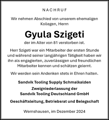 Traueranzeige von Gyula Szigeti von Südthüringer Presse