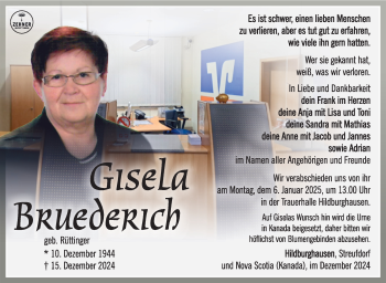 Traueranzeige von Gisela Bruederich von Südthüringer Presse