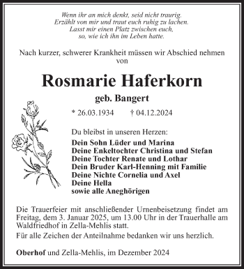 Traueranzeige von Rosmarie Haferkorn von Südthüringer Presse
