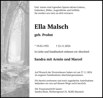 Traueranzeige von Ella Malsch von Südthüringer Presse