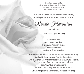 Traueranzeige von Renate Hohenstein von Südthüringer Presse