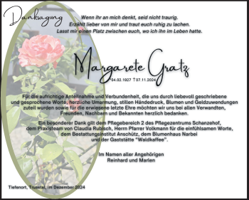 Traueranzeige von Margarete Gratz von Südthüringer Presse