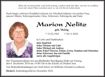 Traueranzeige von Marion Nelitz von Südthüringer Presse