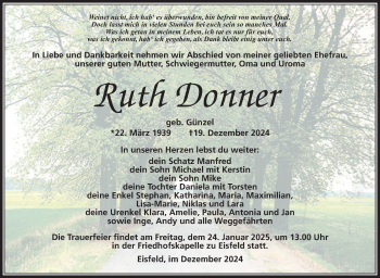 Traueranzeige von Ruth Donner von Südthüringer Presse