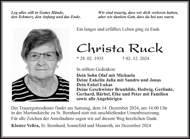  Traueranzeige für Christa Ruck vom 07.12.2024 aus Südthüringer Presse