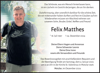 Traueranzeige von Felix Matthes von Südthüringer Presse