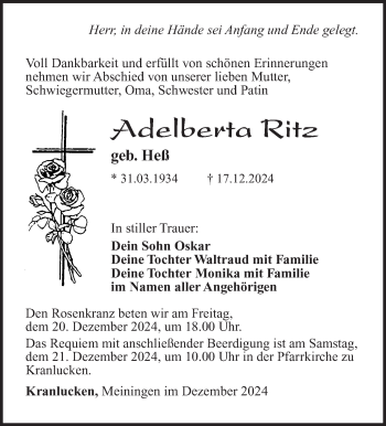 Traueranzeige von Adelberta Ritz von Südthüringer Presse