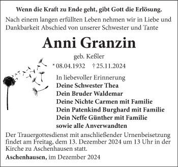 Traueranzeige von Anni Granzin von Südthüringer Presse