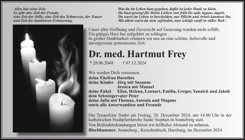  Traueranzeige für Hartmut Frey vom 14.12.2024 aus Südthüringer Presse