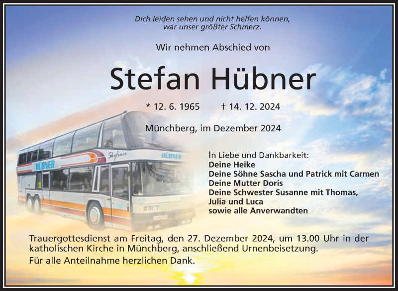  Traueranzeige für Stefan Hübner vom 21.12.2024 aus Frankenpost