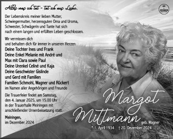 Traueranzeige von Margot Mittmann von Südthüringer Presse