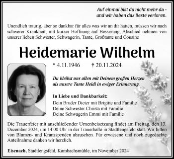 Traueranzeige von Heidemarie Wilhelm von Südthüringer Presse