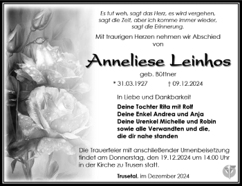 Traueranzeige von Anneliese Leinhos von Südthüringer Presse