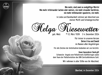 Traueranzeige von Helga Kiesewetter von Südthüringer Presse