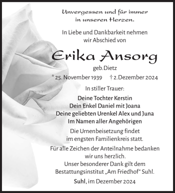 Traueranzeige von Erika Ansorg von Südthüringer Presse