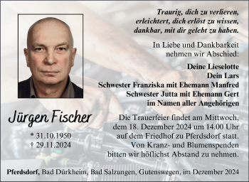 Traueranzeige von Jürgen Fischer von Südthüringer Presse