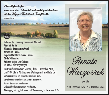 Traueranzeige von Renate Wieczorrek von Südthüringer Presse
