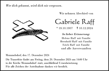 Traueranzeige von Gabriele Raff von Neue Presse Coburg