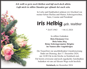 Traueranzeige von Iris Helbig von Südthüringer Presse