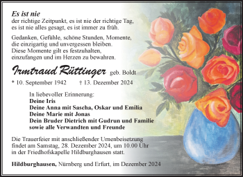 Traueranzeige von Irmtraud Rüttinger von Südthüringer Presse