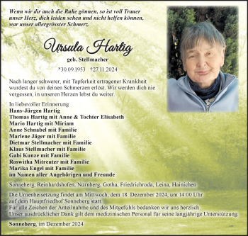 Traueranzeige von Ursula Hartig von Südthüringer Presse