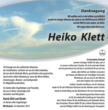 Traueranzeige von Heiko Klett von Südthüringer Presse