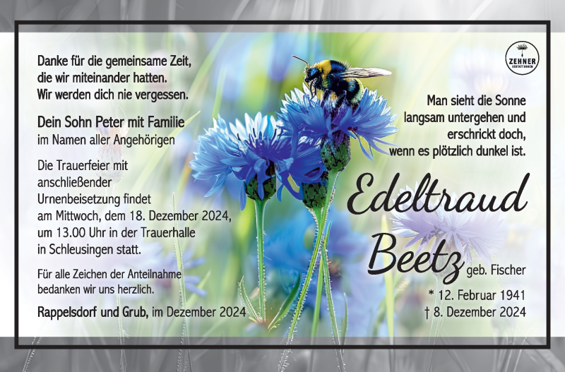  Traueranzeige für Edeltraud Beetz vom 14.12.2024 aus Südthüringer Presse