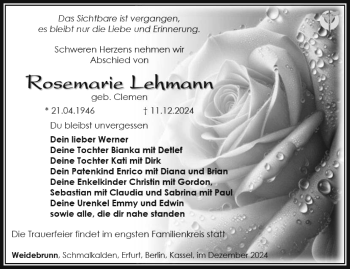 Traueranzeige von Rosemarie Lehmann von Südthüringer Presse