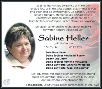Traueranzeige von Sabine Heller von Südthüringer Presse