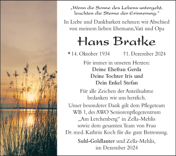 Traueranzeige von Hans Bratke von Südthüringer Presse