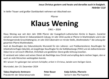 Traueranzeige von Klaus Wening von Frankenpost