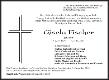 Traueranzeige von Gisela Fischer von Südthüringer Presse