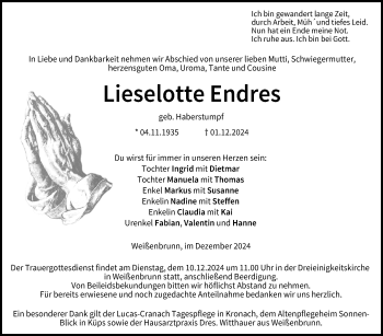 Traueranzeige von Lieselotte Endres von Neue Presse Coburg