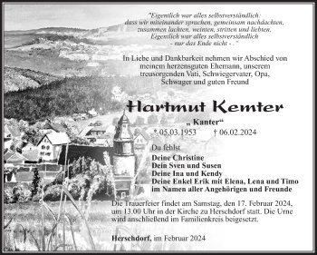 Traueranzeige von Hartmut Kemter von Südthüringer Presse