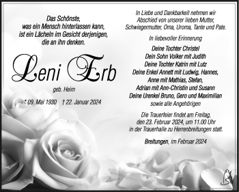 Traueranzeige von Leni Erb von Südthüringer Presse