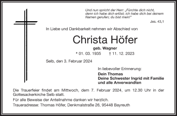 Traueranzeige von Christa Höfer von Frankenpost