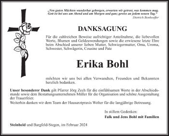 Traueranzeige von Erika Bohl von Südthüringer Presse